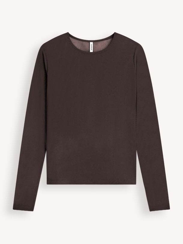 Round Neck Top Long Sleeve Mesh Solid Geweven mesh top