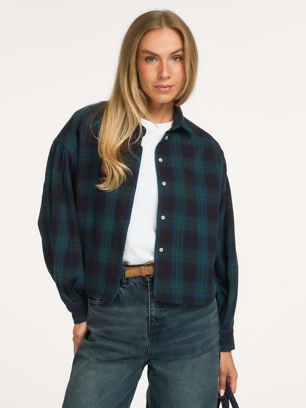 sarah short green check blouse Sarah, organic cotton geruite blouse
