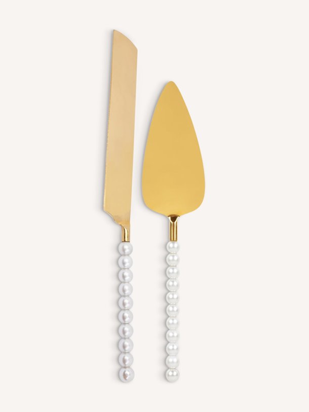 Gold plated taartmes en taartschep met parels