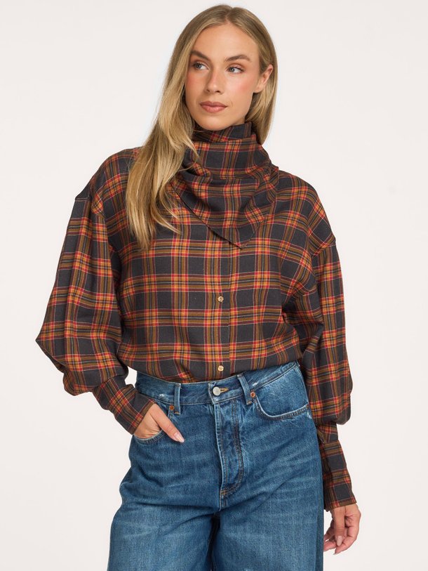 Kiss, katoenmix geruite blouse met sjaal