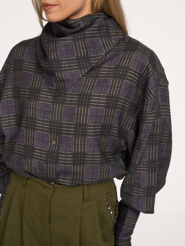 Kiss, katoenmix geruite blouse met sjaal