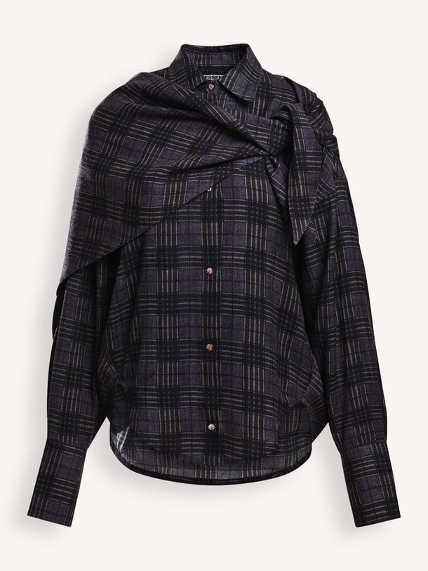 Kiss, katoenmix geruite blouse met sjaal