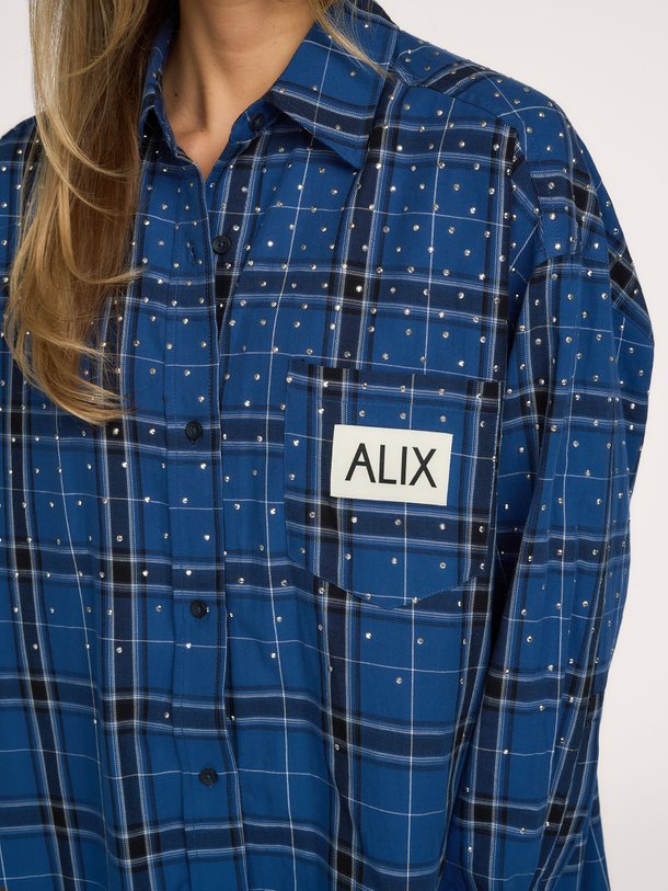 ladies woven studded check blouse dress Katoenen geruite blousejurk met strass