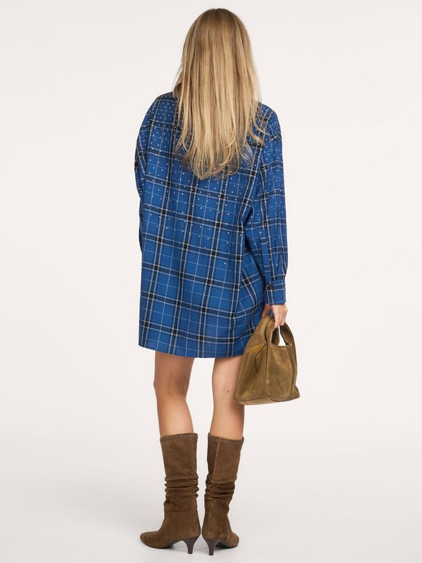 ladies woven studded check blouse dress Katoenen geruite blousejurk met strass