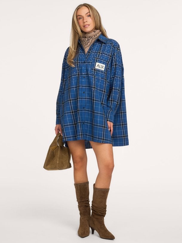 ladies woven studded check blouse dress Katoenen geruite blousejurk met strass