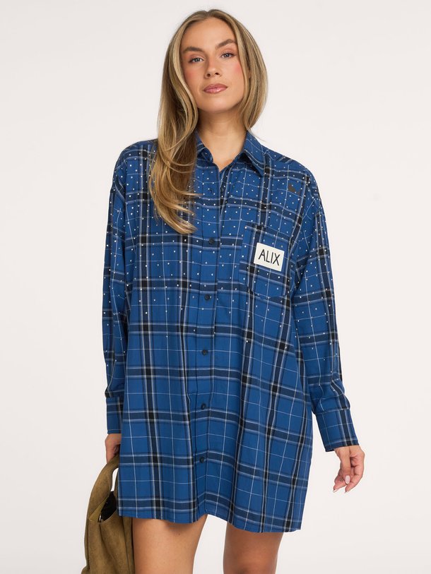 ladies woven studded check blouse dress Katoenen geruite blousejurk met strass