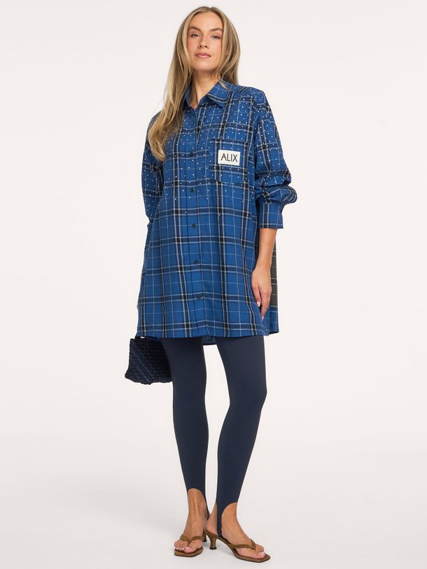 ladies woven studded check blouse dress Katoenen geruite blousejurk met strass