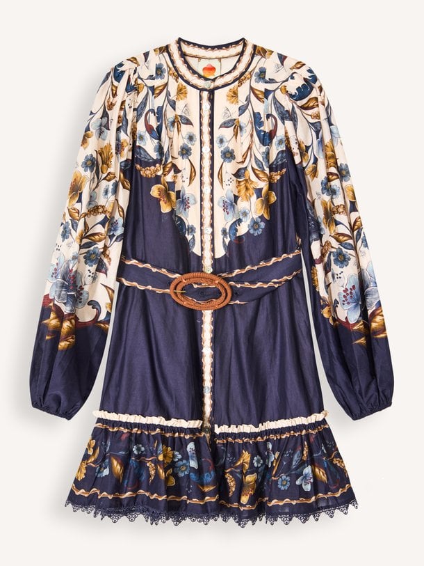 GOLDEN NATURE NAVY BLUE MINI DRESS Golden Nature, geweven jurk met print