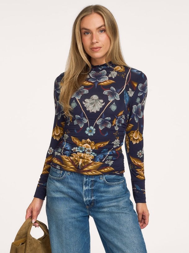 GOLDEN NATURE NAVY BLUE JERSEY BLOUSE viscosemix top met print