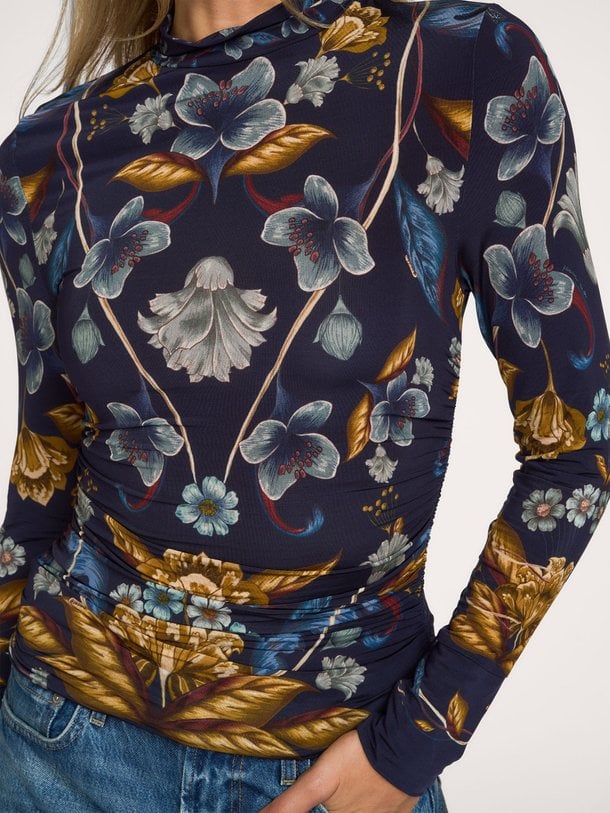 GOLDEN NATURE NAVY BLUE JERSEY BLOUSE viscosemix top met print