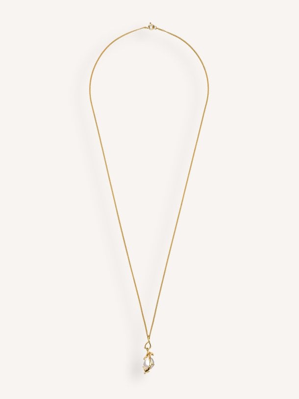 Long necklace with thorned pendant and freshwater pearl Vergulde ketting met zoetwater parel