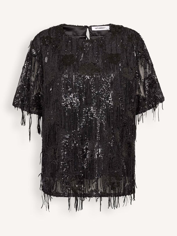 TyraCC Sequin SS Blouse Tyra, geweven pailletten top met franjes