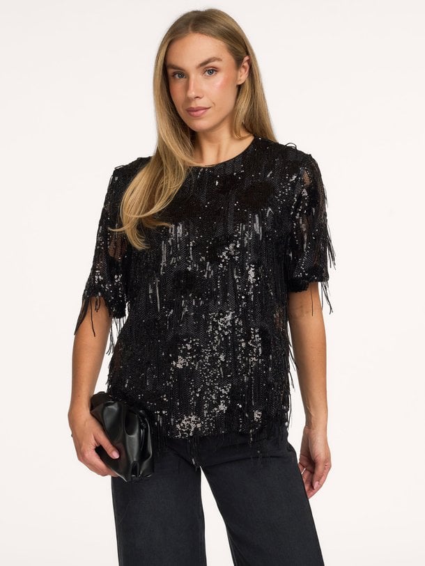 TyraCC Sequin SS Blouse Tyra, geweven pailletten top met franjes