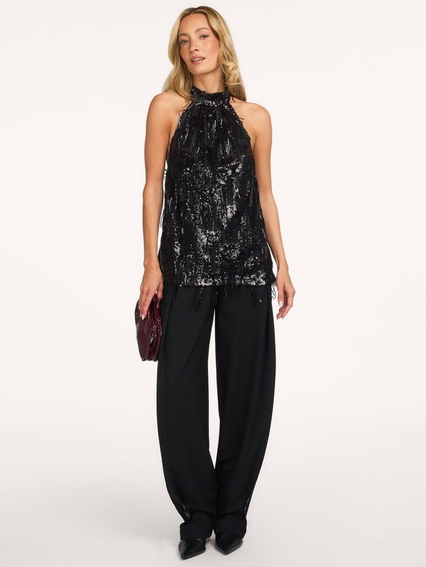 TyraCC Sequin Halter Top Tyra, geweven pailletten top met franjes