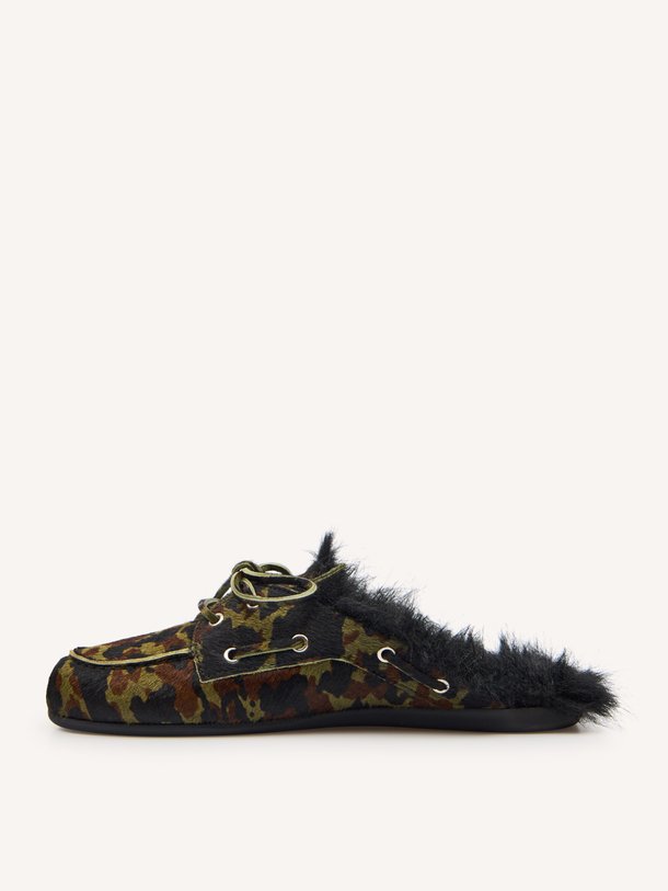 Boat Loafer Mule Hairy Fur - Camo Lederen pony hair instappers