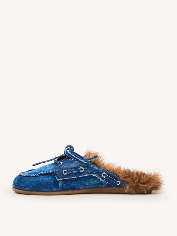 Boat Loafer Mule Hairy Fur - Denim Denim fur instappers
