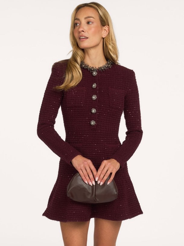 TEXTURED KNIT EMBELLISHED MINI DRESS Katoenmix jurk