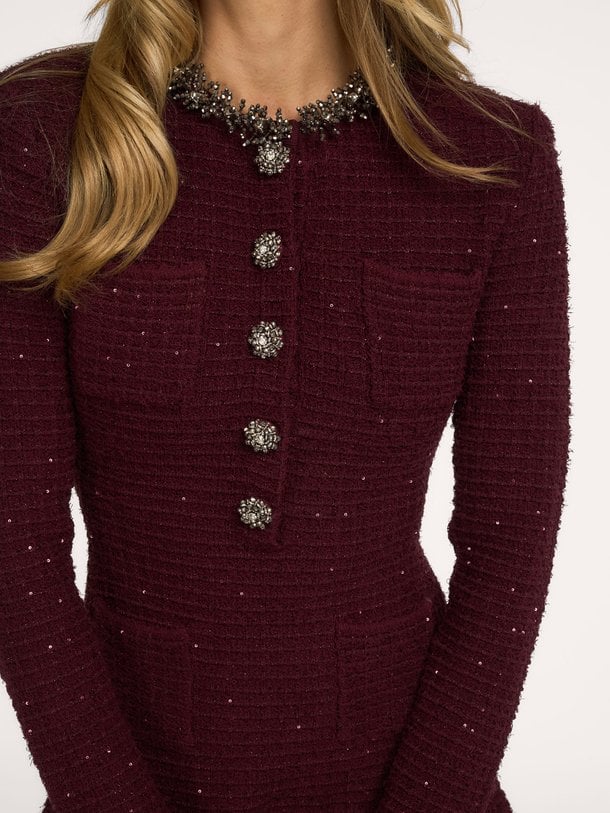 TEXTURED KNIT EMBELLISHED MINI DRESS Katoenmix jurk