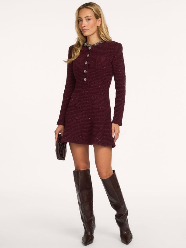 TEXTURED KNIT EMBELLISHED MINI DRESS Katoenmix jurk
