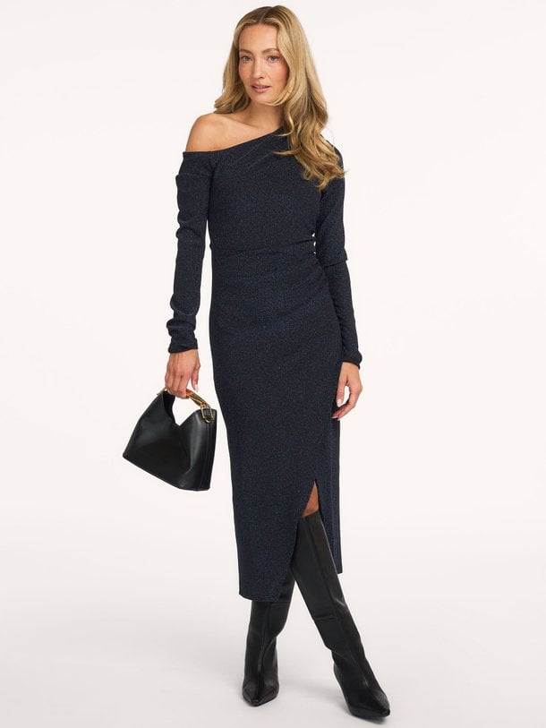 Davina, geweven off shoulder jurk met lurex